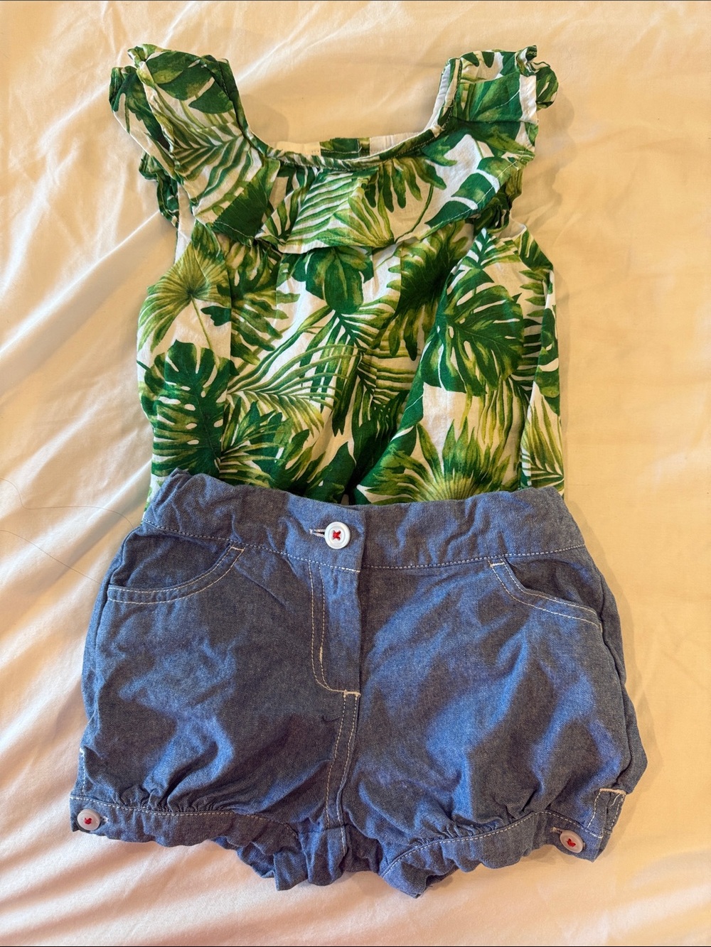 Janie and Jack Green palm romper with Blue Chambray Shorts